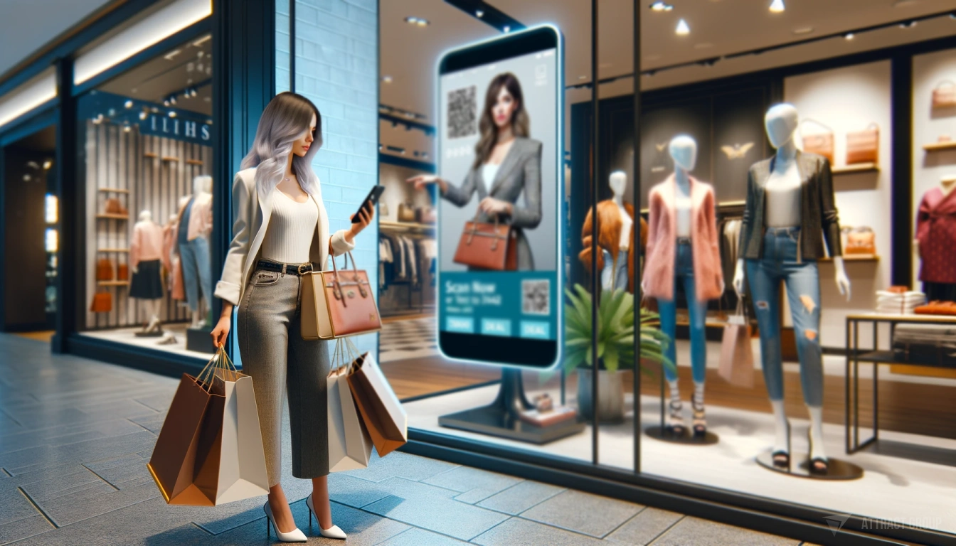 Handling data security and privacy in large-scale systems.  A woman in a shopping mall, standing in front of a store window display. The window features a life-size digital screen with a virtual saleswoman advertisement.