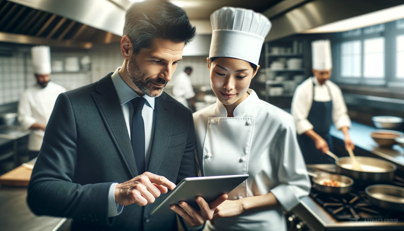 How Custom Software Development Elevates Catering Services. A professional kitchen scene with a man in business attire and short black hair, interacting with a female chef in a white chef uniform and hat.
