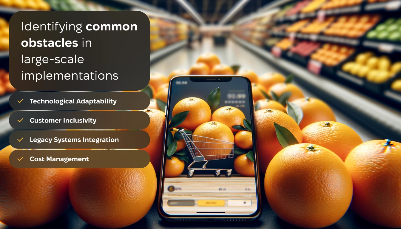 Identifying common obstacles in large-scale implementations. Oranges arranged on a shelf in a supermarket. Among these oranges is a smartphone. 