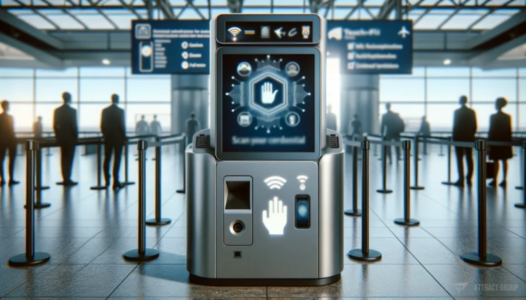 Impact of AI and Machine Learning on Airport Security Software. 
An electronic kiosk with a digital screen that provides instructions for users. This kiosk is part of an automated airport check-in and security system.