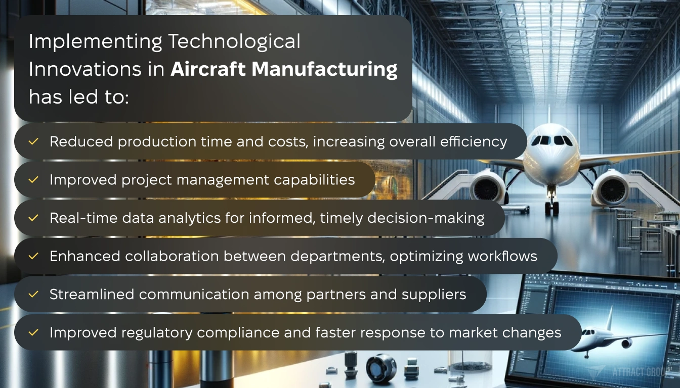 Implementing Technological 
Innovations in Aircraft Manufacturing
has led to. List. 
A modern high-tech aircraft manufacturing setting.  The foreground focuses on a table cluttered with precision tools and a laptop displaying aircraft design software. The background features the manufacturing environment with sleek, shiny white surfaces, elements made of yellow and transparent yellow plastic. 
