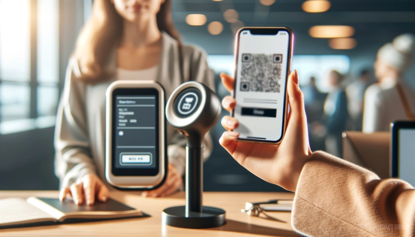 Integrated ticketing systems align with the highest standards of customer service. 
A person's hand with tanned skin and a manicure, holding a smartphone displaying a QR code up to a scanning device on a stand. The device has a screen prompting for the QR code. 