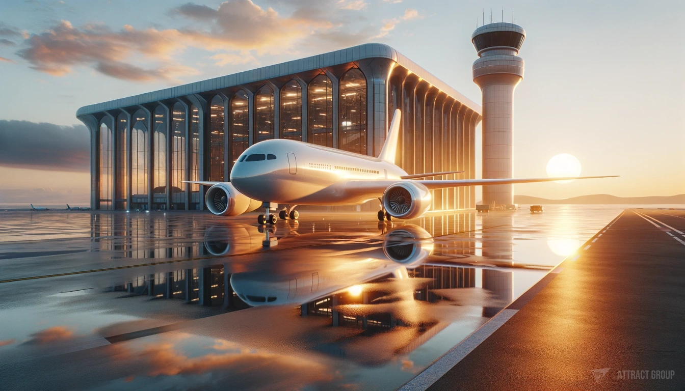 Integrating Emerging Technologies for Future-Ready Solutions. A futuristic off-white plastic airplane at a modern airport during sunset.