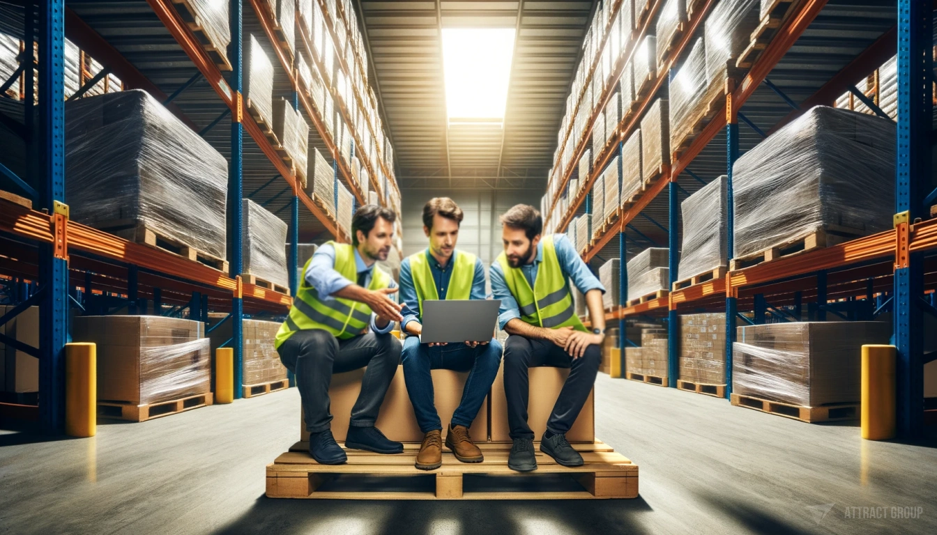Integrating Inventory Software with Business Operations. Three men in a warehouse. They are wearing bright safety vests and are gathered around a laptop.