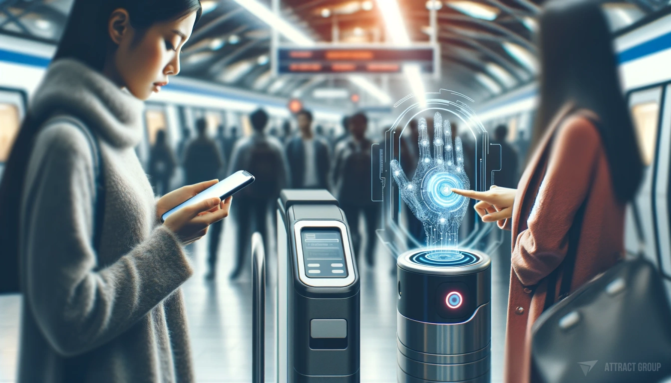Introduction to Digital Transformation in Retail. 
A futuristic train station. In the foreground, a woman is using her smartphone, scanning it on a cybernetic sensor to verify her ticket. 
