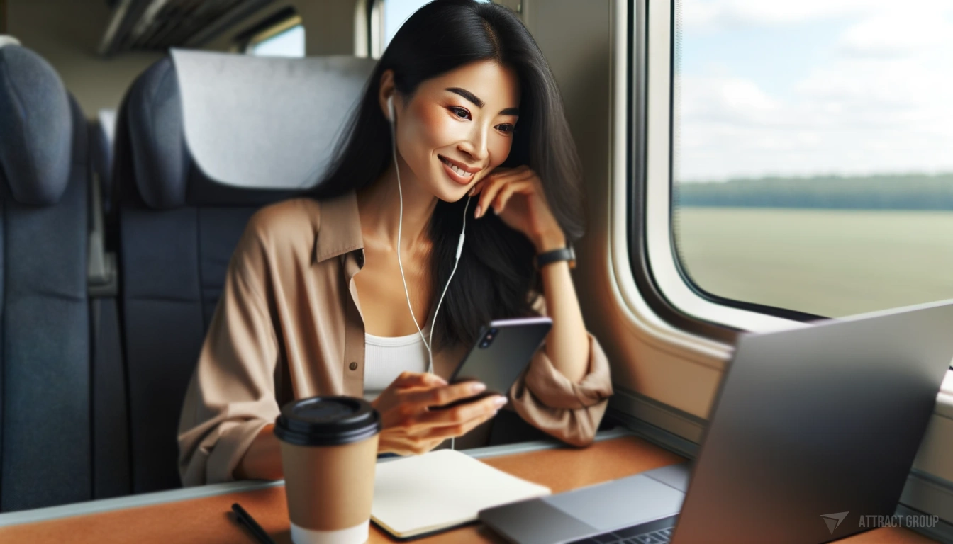 Introduction to E-ticketing System Integration. 
An Asian woman with beautiful eyes seated next to a window, looking at her smartphone with a smile. She is working at a portable table, with a laptop open in front of her and a notebook beside it. A takeaway coffee cup is also on the table. 