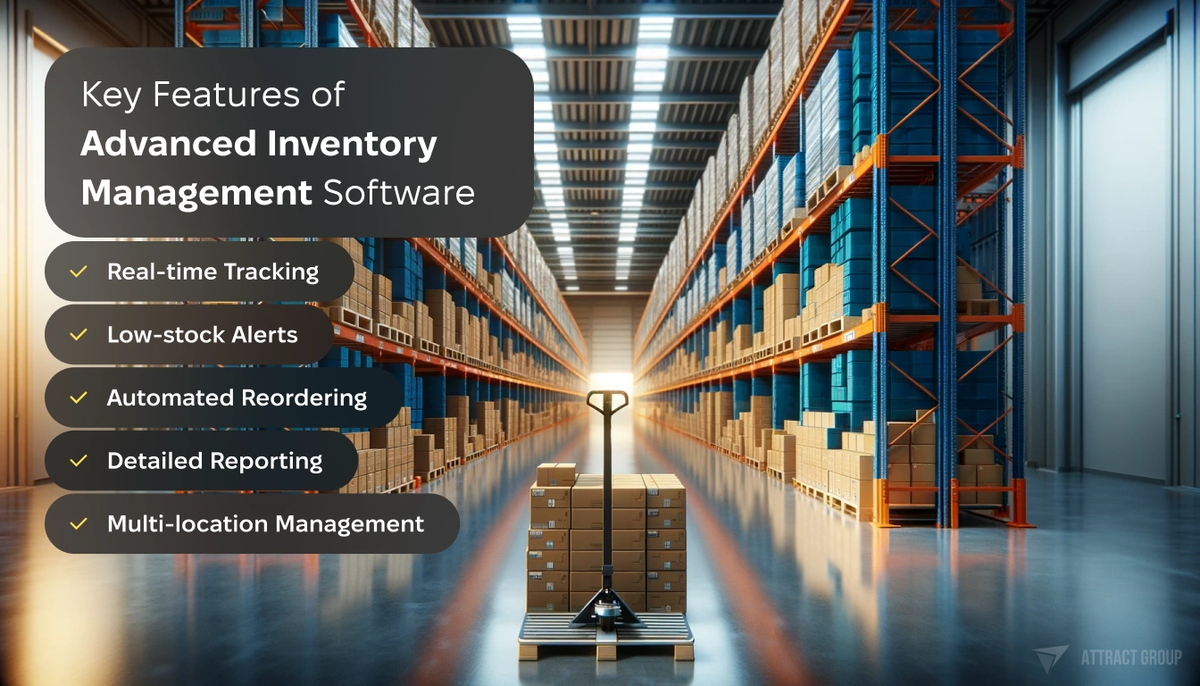 Key Features of Advanced Inventory Management Software. A panoramic view of a warehouse interior with tall shelving units on either side, colored blue and orange. 