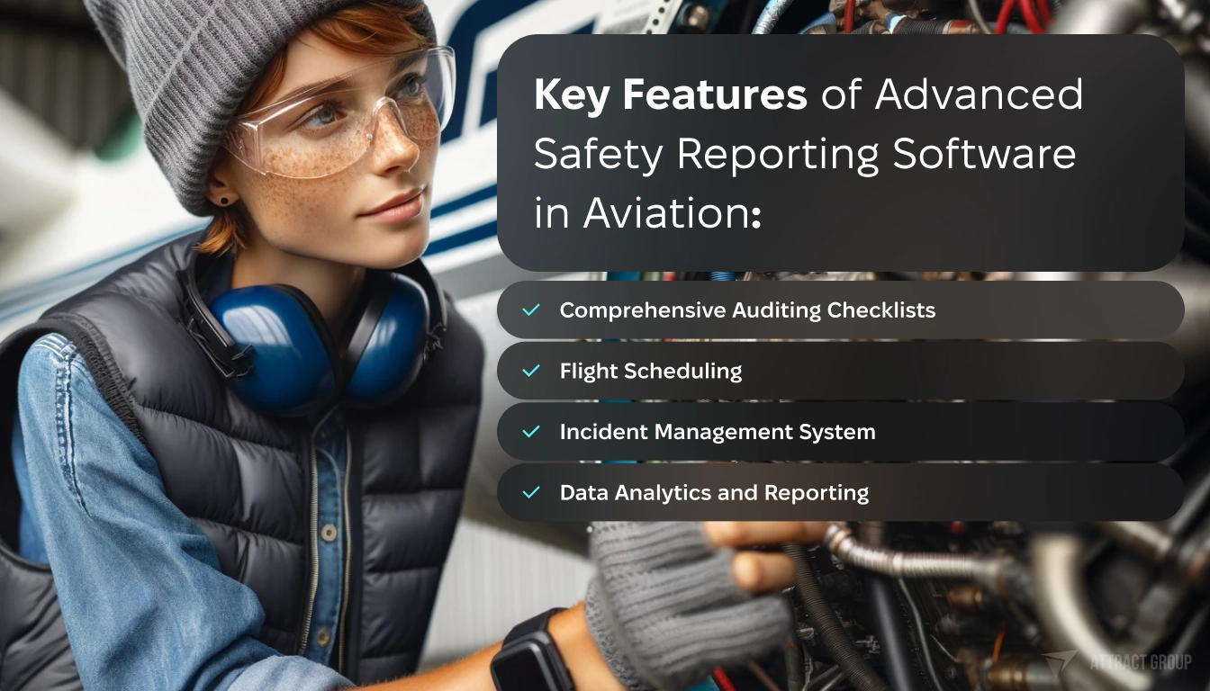 Key Features of Advanced Safety Reporting Software in Aviation. a woman mechanic with short red hair and freckles, wearing protective glasses, a gray beanie, and a blue vest over a blue shirt. She is examining an aircraft engine with focus and attention. 