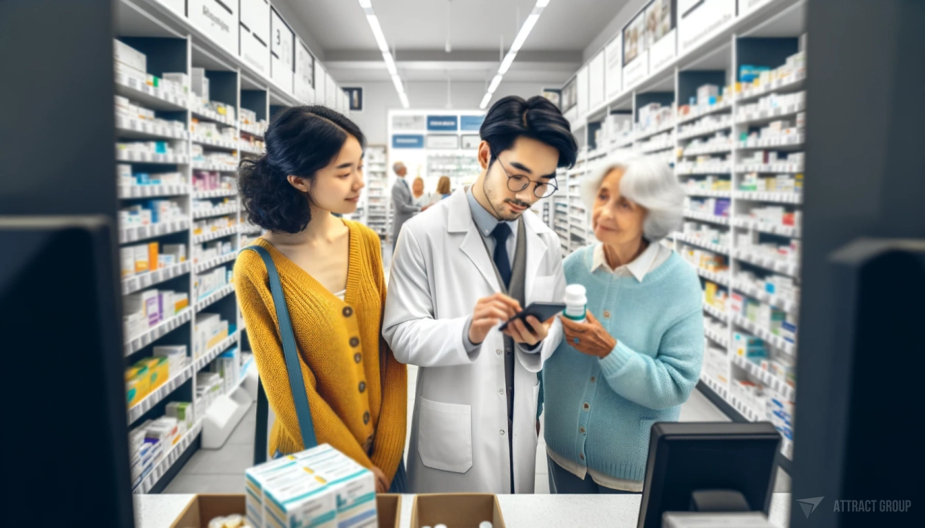 Key Features of E-ticketing Platform for Retailers. 
Pharmacist in glasses and a white lab coat is seen assisting two customers. 