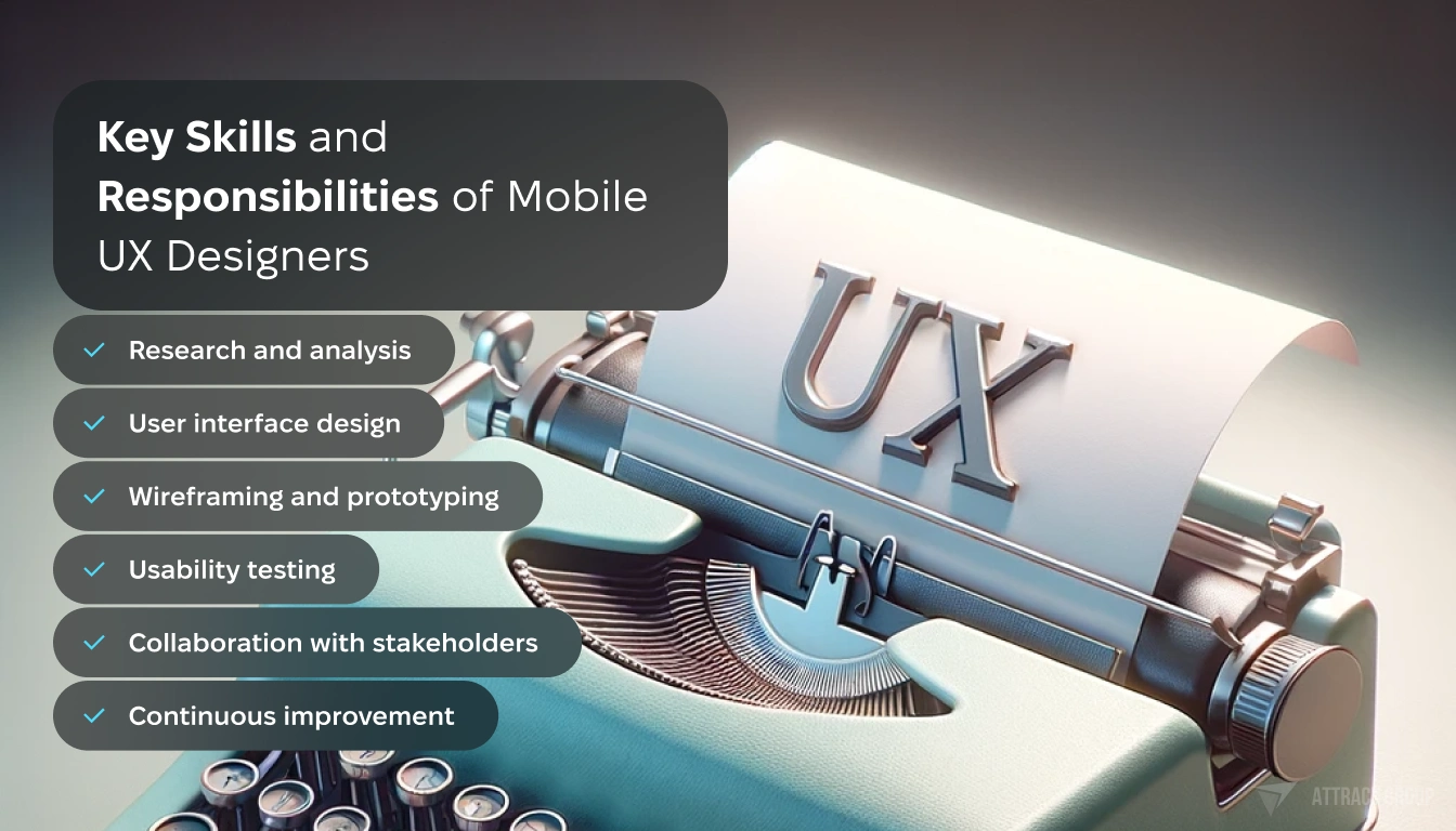 Key Skills and Responsibilities of Mobile UX Designers. 
A retro-style typewriter with a modern twist. The typewriter is a realistic model with metallic keys and a mint green body. It has a piece of paper loaded onto the carriage with the letters 'UX' prominently typed in a vintage font. 