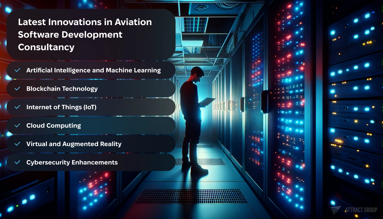 Latest Innovations in Aviation Software Development Consultancy. A person in a server room surrounded by network server racks. 