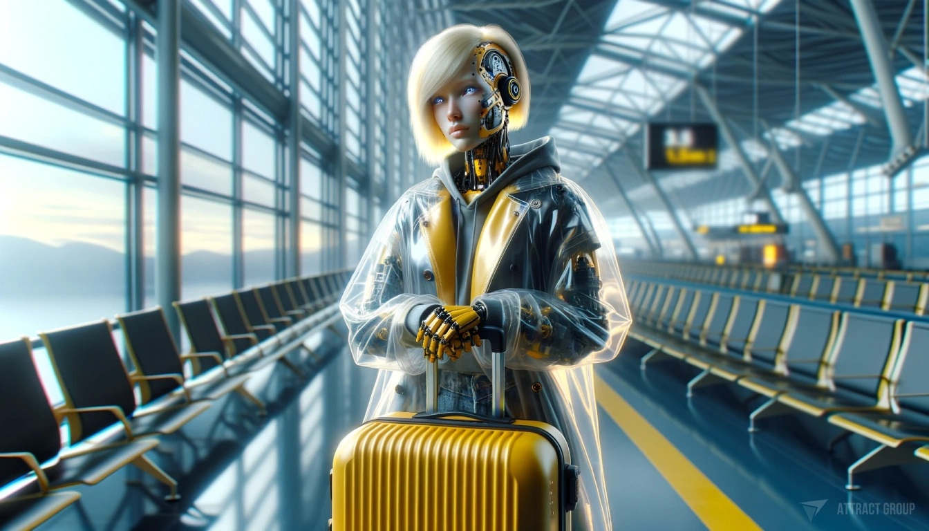 Navigating the Skies of Airline Software Development. A cyborg with yellow hair and wearing a transparent coat, holding a yellow suitcase, positioned in an airport setting. 