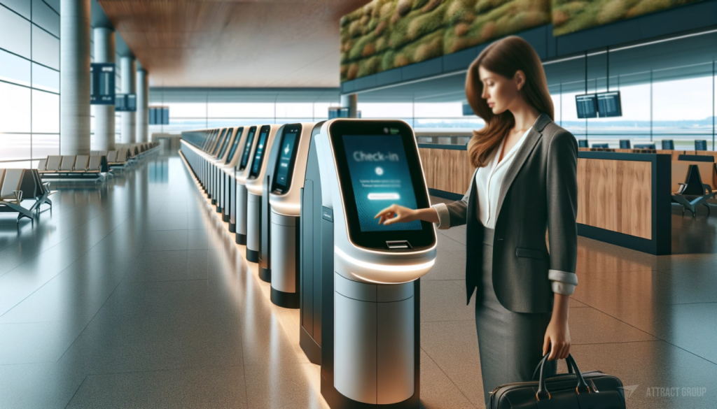 Overcoming Challenges in Digital Ticketing Implementation. 
A woman at a self-check-in kiosk within a modern setting. 