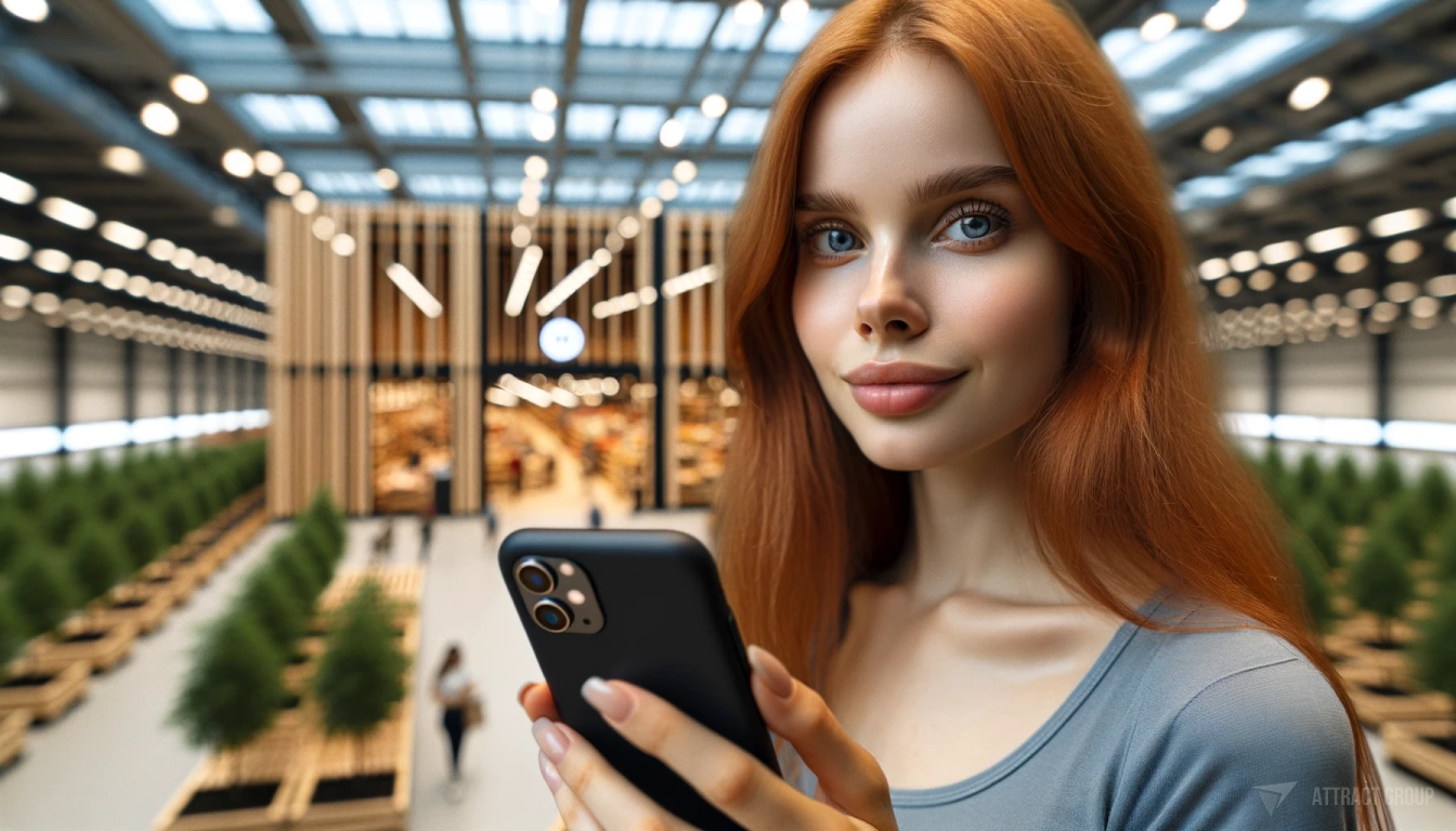 Overview of digital ticketing in large retail environments. Red-haired woman holding a smartphone.