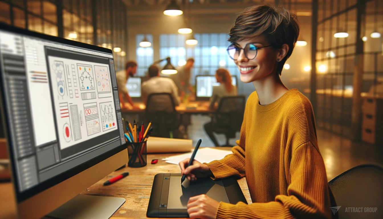 Principles and Best Practices for Mobile User Experience Design.
A person with short hair and glasses, smiling as they look at a large computer monitor which displays user interface designs.