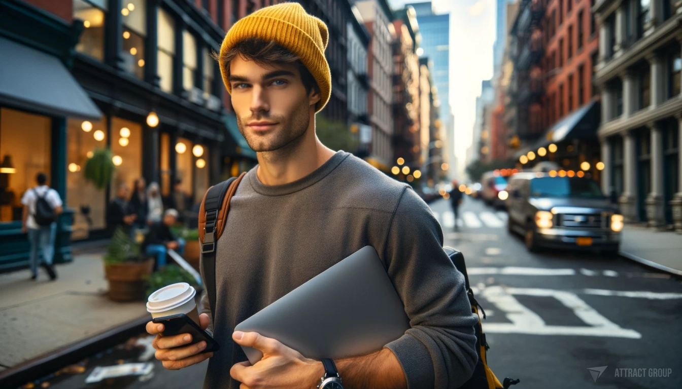 Productivity App for Android and iOS: Addressing Platform-Specific Design. A young man on a New York street.