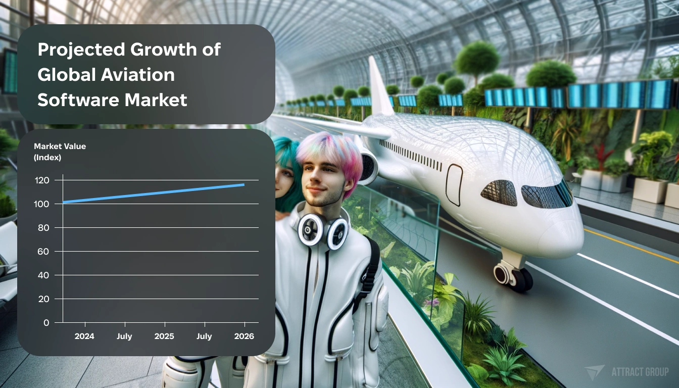 Projected Growth of Global Aviation Software Market. Two people with colored hair, dressed in futuristic clothes, taking a selfie in front of a futuristic white plastic airplane.