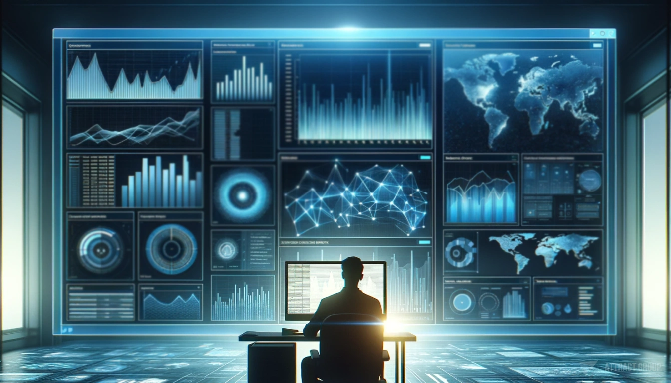 Real-time Decision Making with Advanced Data Analytics. 
A man in silhouette looking at a large computer screen filled with various data visualizations.