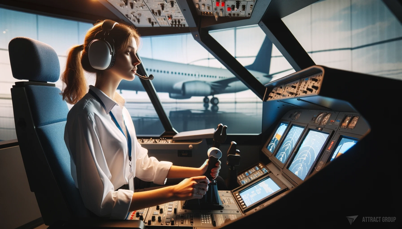 Realistic Flight Simulation for Better Skill Retention. A woman in a professional flight simulator cockpit wearing a white shirt and a headset. She is practicing flying, holding the control yoke with her right hand and operating a control lever with her left hand. 