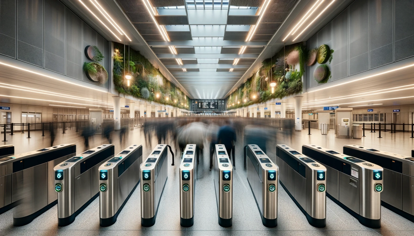 Reducing Redundancy and Enhancing Data Accuracy. 
An automated ticket gate system at a train station in the USA. The image captures people in motion, passing through the turnstiles with a motion blur that suggests the hustle of transit. 