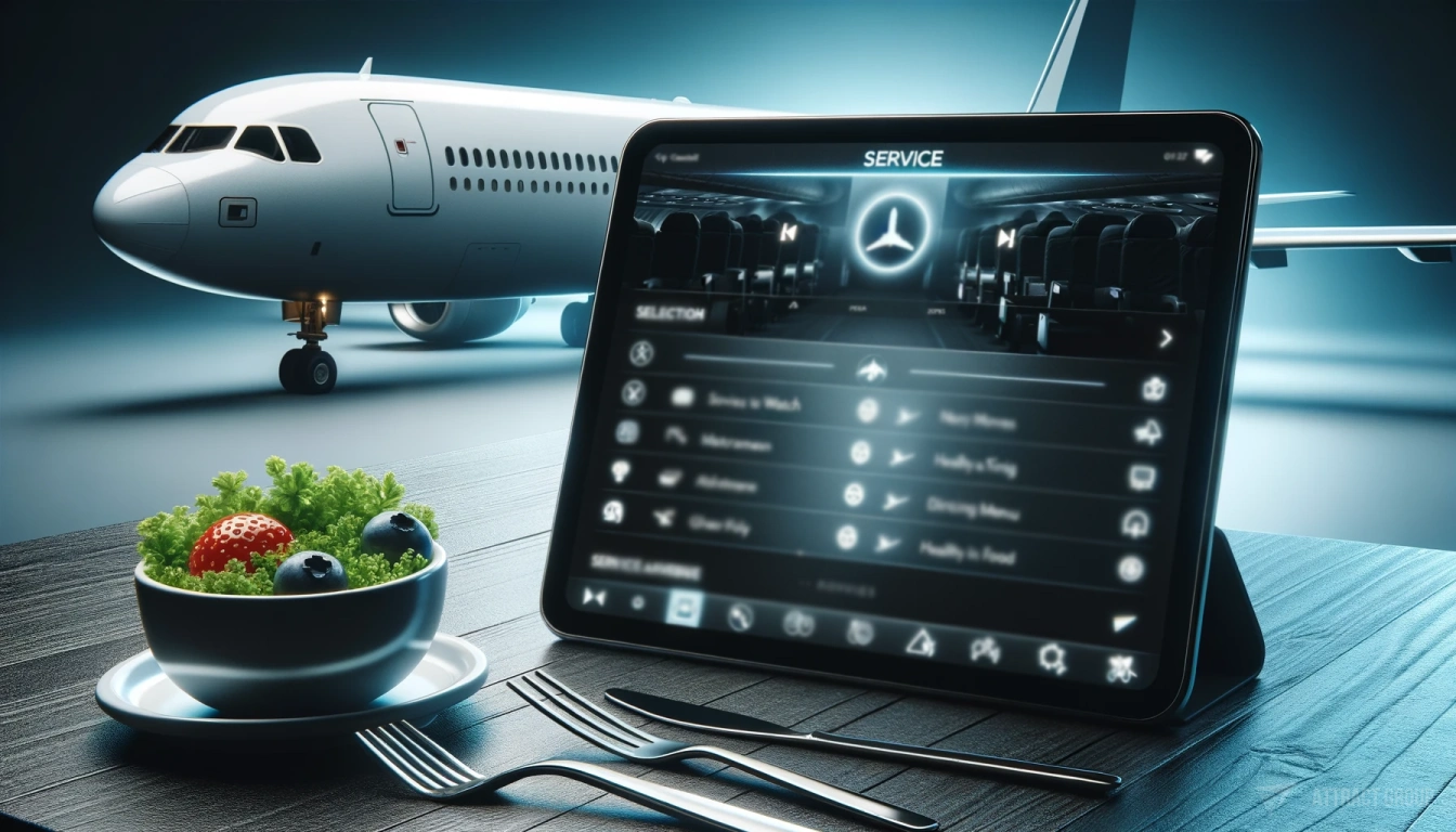 Refine Travel Experience. 
a modern tablet with a service interface for an aircraft. The tablet's screen should display options for selecting movies to watch and a healthy food menu. In the background, there should be a very realistic plane, subtly suggesting the context of in-flight entertainment and dining.