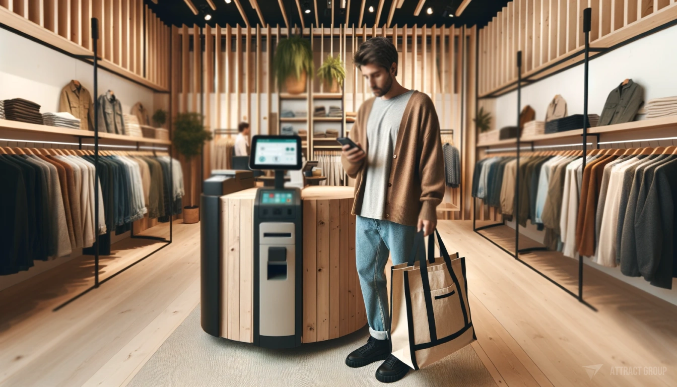 Retailers Excelling with Digital Ticketing. 
A guy with an eco-friendly shopper bag standing in a clothing store next to a self-checkout machine.