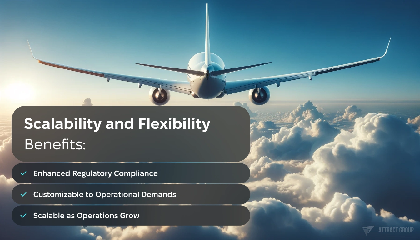 Scalability and Flexibility Benefits
A commercial airplane in flight from a rear angle, showcasing the tail and wings. The plane is flying high in the sky amongst fluffy white clouds with a clear blue background