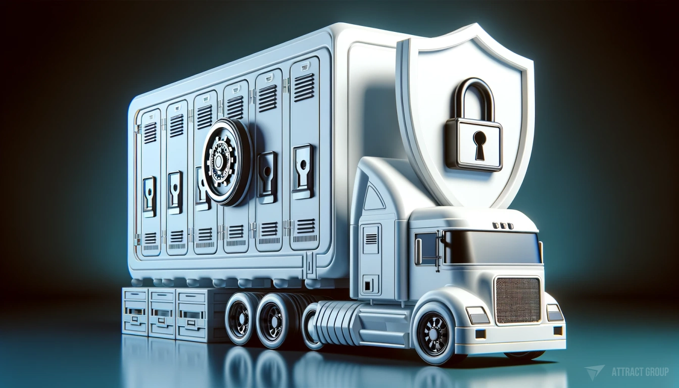 Securing Your Software: Best Practices in Fleet Management System Deployment.  
Futuristic white plastic truck with a large shield emblem and a locker icon 