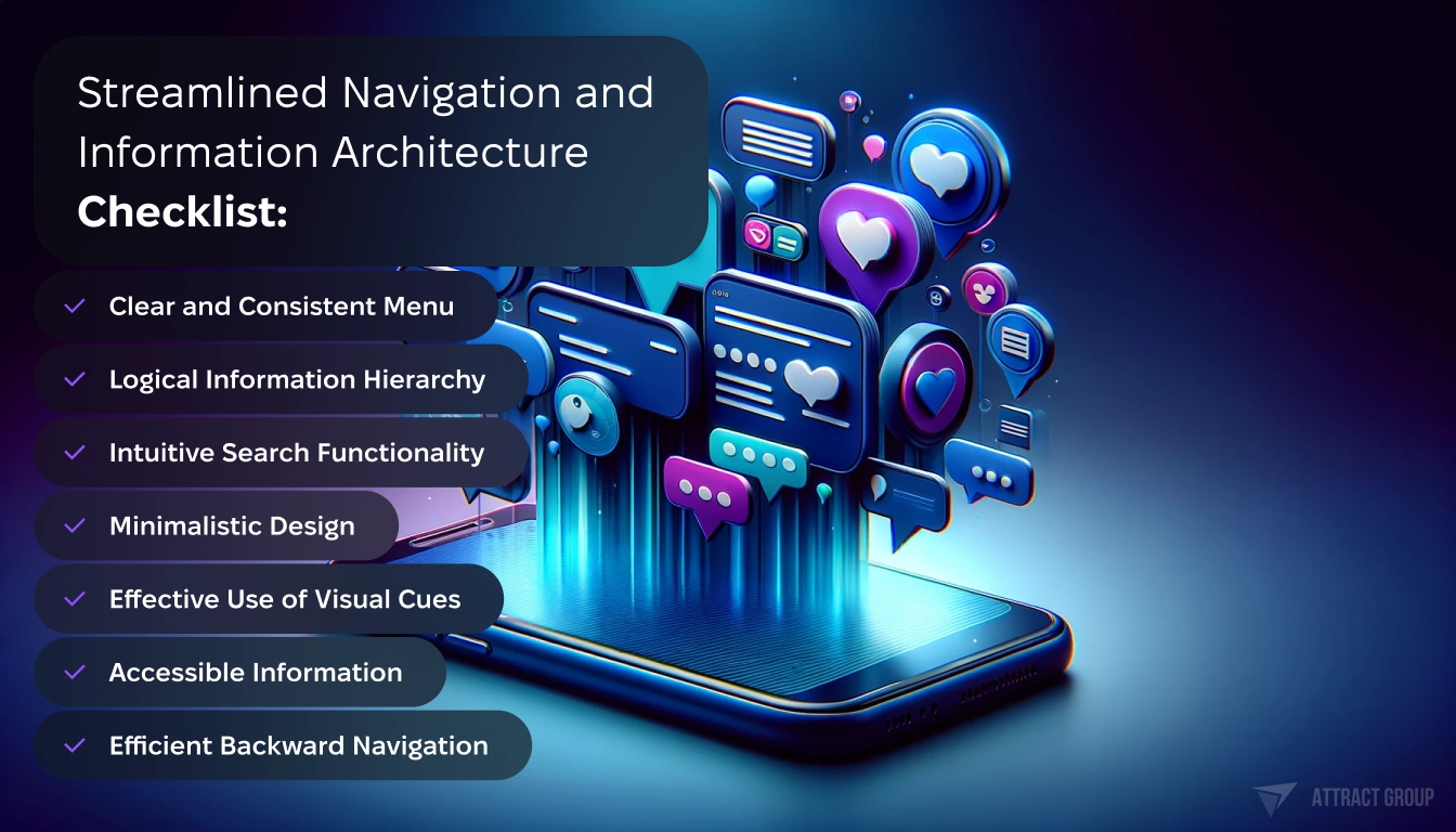Streamlined Navigation and Information Architecture Checklist. 
A smartphone with a 3D user interface. Various messaging and social interaction elements pop out in a layered fashion from the screen
