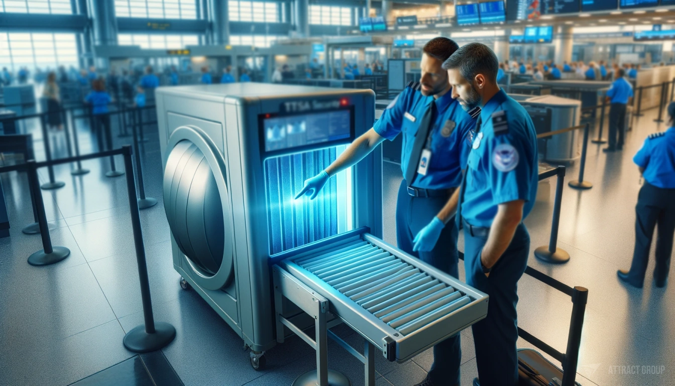 Streamlining Airport Operations for Efficiency. 
Two TSA (Transportation Security Administration) officers at an airport security checkpoint. They are wearing blue shirts with visible TSA patches on their arms, indicating their authority and role. One officer is actively pointing to a screen on a modern, cylindrical X-ray machine that is in use, highlighted by a blue light.