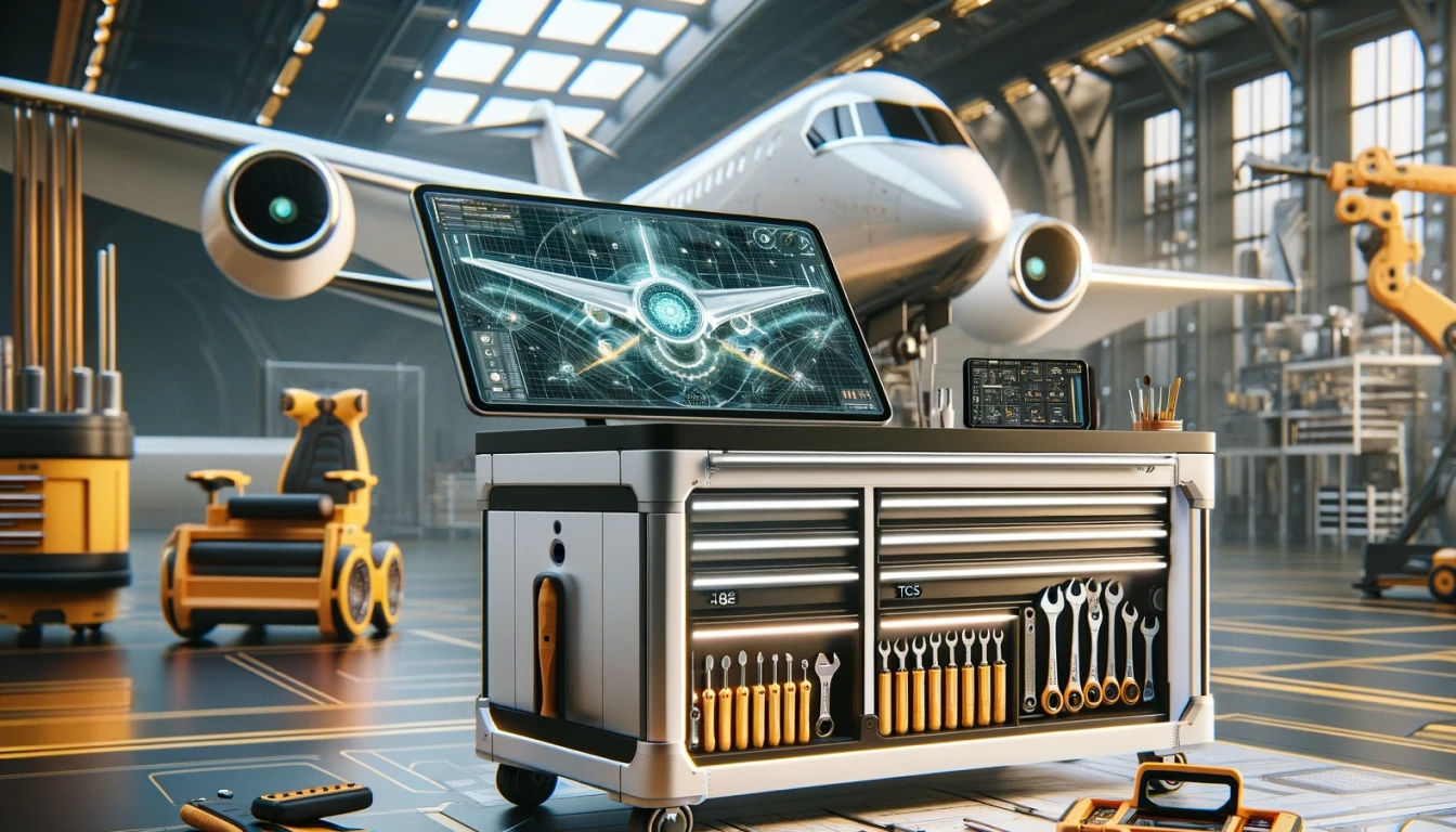 Success Stories of ERP Integration in Aviation. On the table, there is a Stahlwille tool trolley with TCS inlay and a complete set of 163 hand tools, a tablet, and a monitor showing technical schematics. The background showcases a futuristic high-tech aircraft manufacturing setting with elements made of white shiny plastic and yellow transparent plastic. 