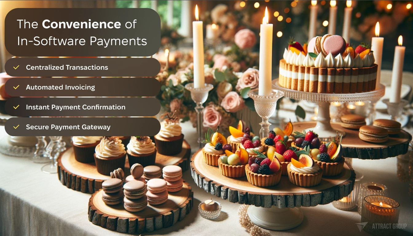 The Convenience of In-Software Payments. The table is adorned with a variety of gourmet sweet treats including fruit-topped tarts, cupcakes, and macarons.
