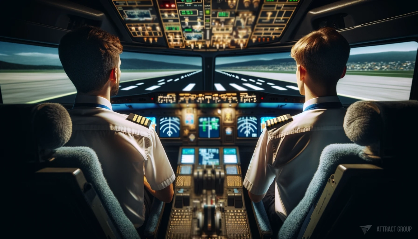 The Evolution of Pilot Training: From Cockpit to Computer. a view from behind of two pilots in a flight simulator cockpit of a commercial airplane. 