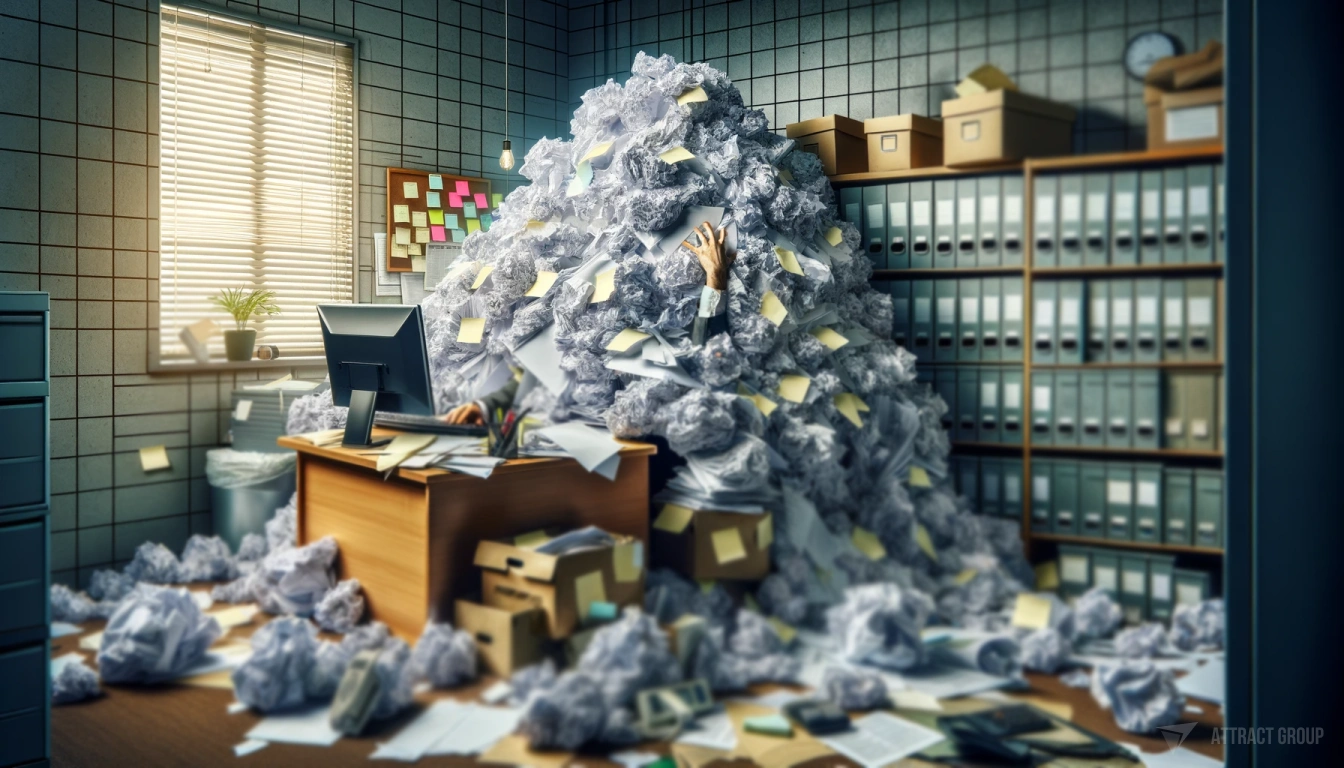 The Evolution of Resource Management Software in the Digital Age. 
A cluttered office scene. The focus is on a desk nearly buried under a large pile of crumpled papers, with the mess spilling onto the floor. 