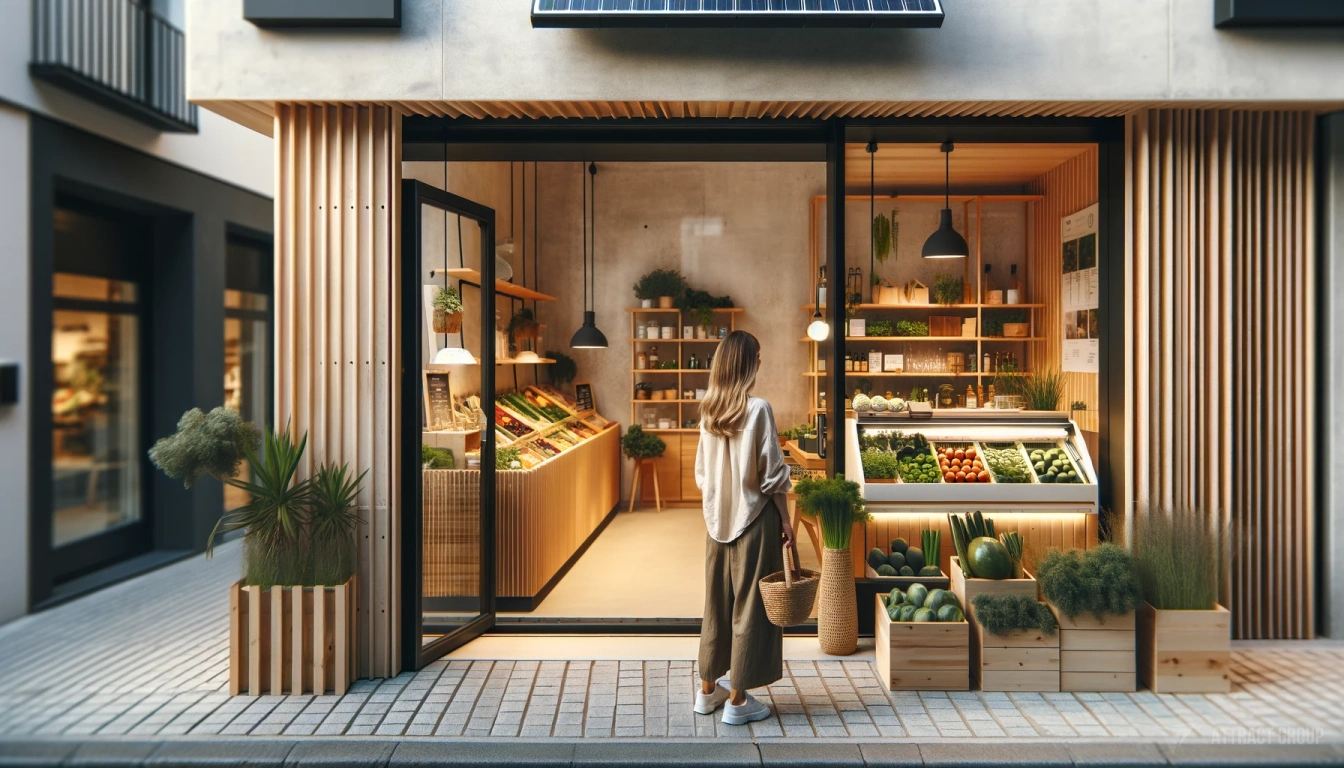 The Growing Demand for Sustainable Practices in Retail. 
A woman standing next to a greengrocer's shop. The shop is designed with eco-positive elements, including solar panels, light wooden textures, and a minimalist aesthetic. 