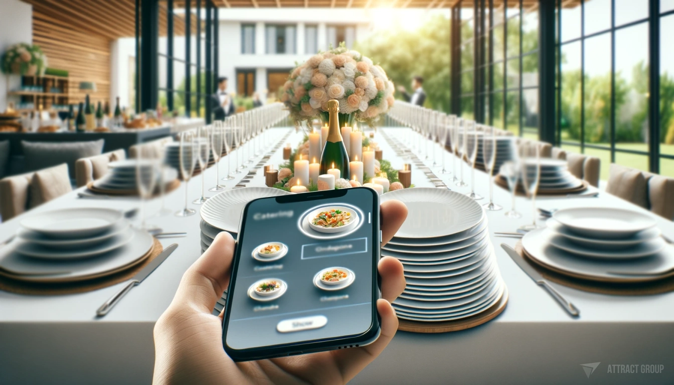 The Impact of Mobile Optimization on Catering Software.
A smartphone in the center with a visible catering app on the screen. The app displays realistic images of food. In the slightly out-of-focus middle ground, stacks of white plates are neatly arranged for guests.