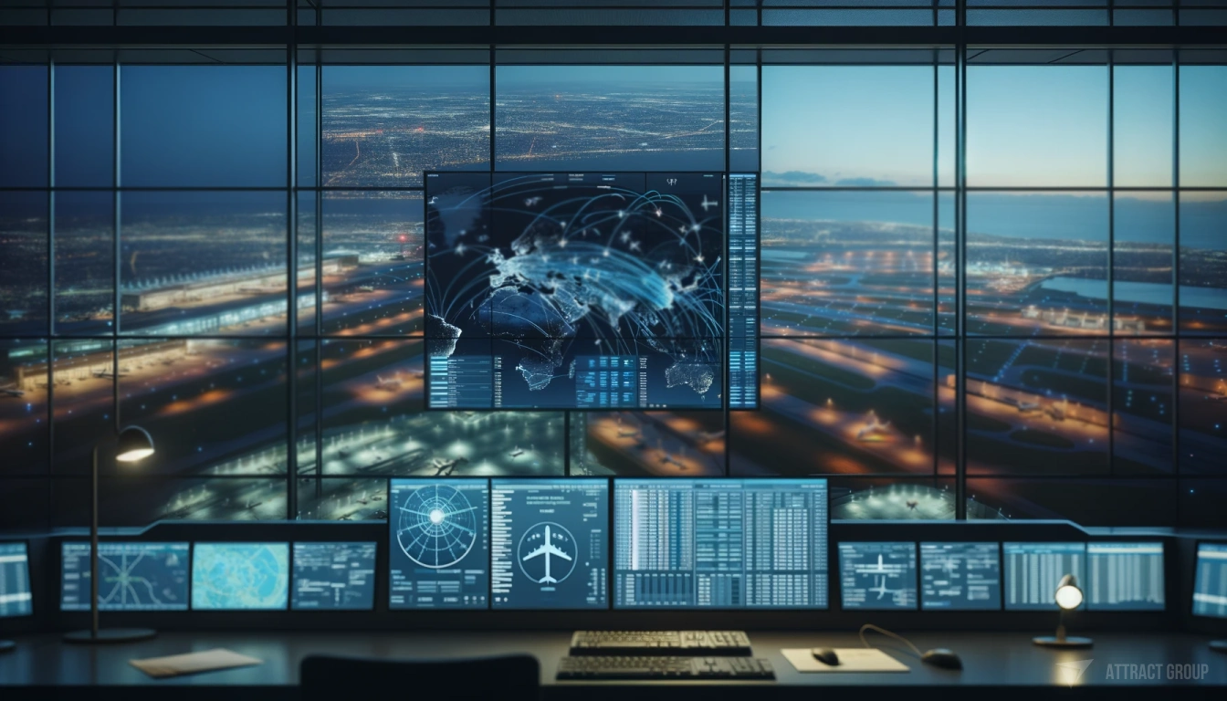The Importance of Advanced Flight Tracking Technology in Modern Aviation. 
A wall monitor displaying Flight Tracking Software with realistic details such as flight paths, data panels, and map overlays. In the background, very blurry panoramic windows reveal a night scene at an airport with runway lights and terminal buildings. 
