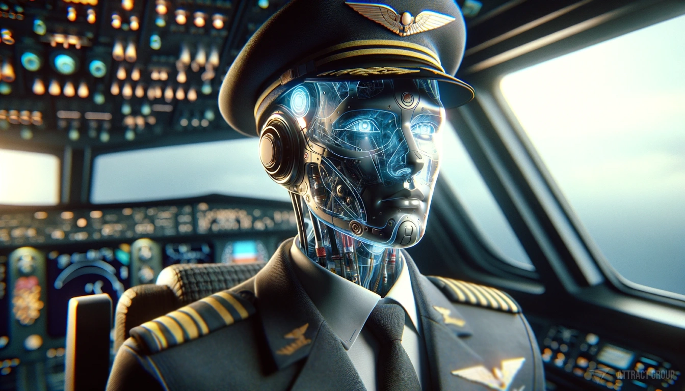 The Role of AI and Machine Learning in Flight Tracking Software Development. 
AI cyborg pilot in a pilot uniform. 