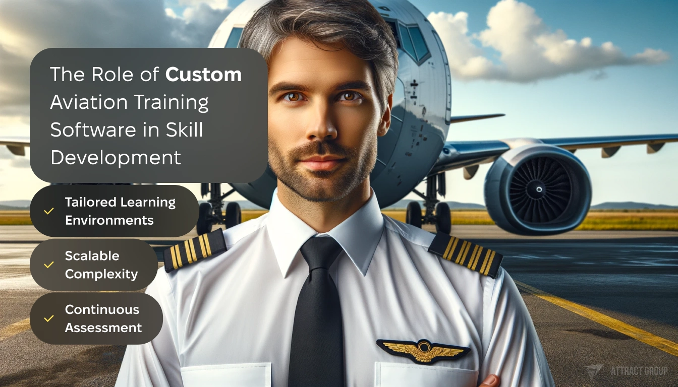 The Role of Custom Aviation Training Software in Skill Development. A pilot with tidy grey hair and brown eyes standing confidently in front of a large commercial airplane. The pilot is dressed in a white shirt, black tie