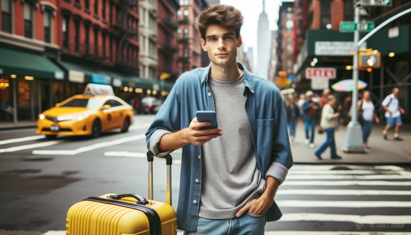 The Role of Digital Ticketing in Enhancing Customer Experience. a candid portrait of a young man standing on a New York street. He is holding a smartphone in one hand and is beside a yellow plastic suitcase. 