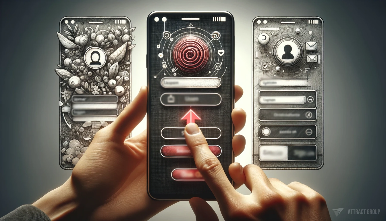 The Role of User Experience in Mobile App Success. 
A hand holding a smartphone which transitions into a sequence of three different screens, illustrating the app design process. 