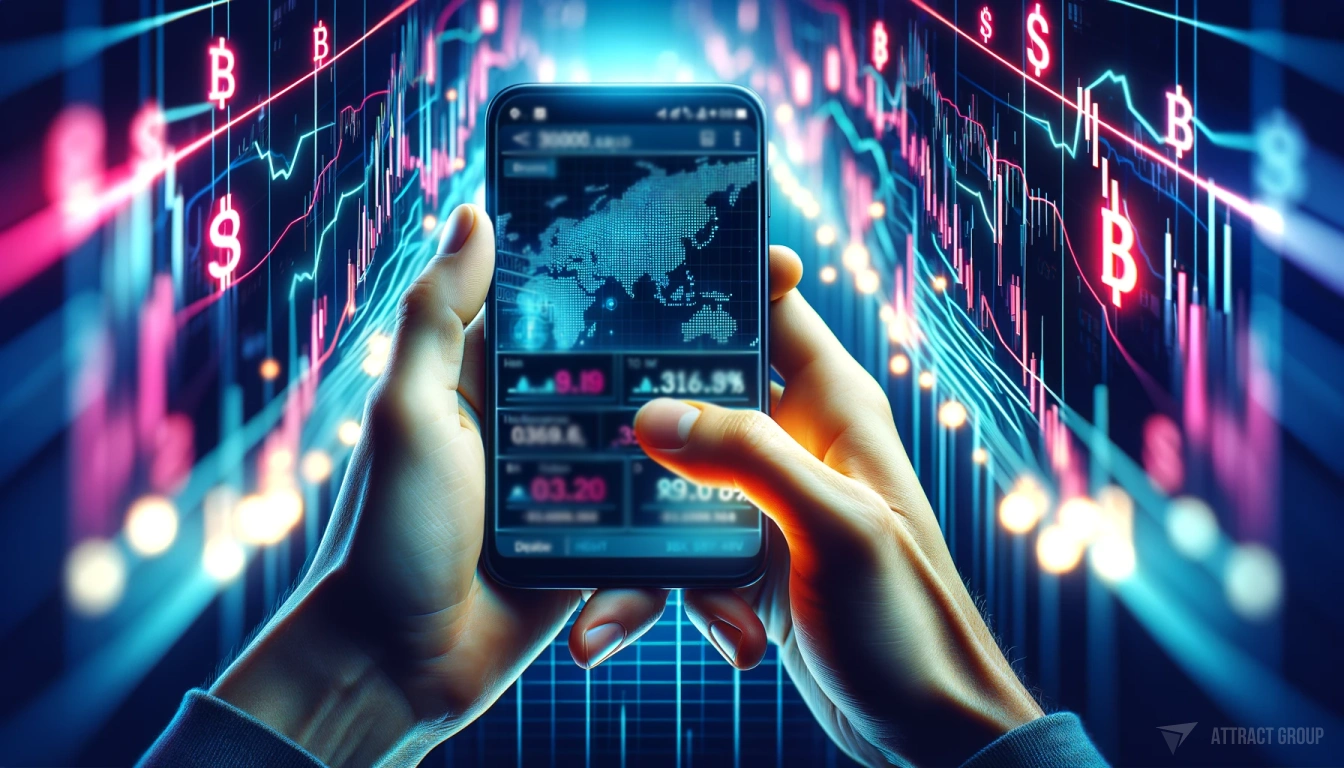 The Transformative Impact of Blockchain on Mobile Apps. A person's hands holding a smartphone displaying a financial application with cryptocurrency exchange rates. The hands are in focus, with the smartphone screen glowing brightly amidst a backdrop of abstract neon lights. 
