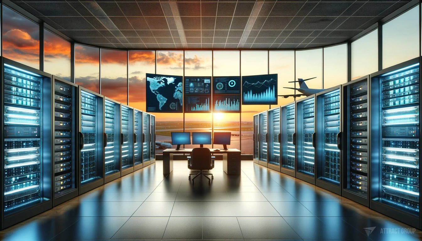 The Value of Partnership with Aviation Software Development Companies. An interior scene featuring large modern servers and monitors within a room. 
