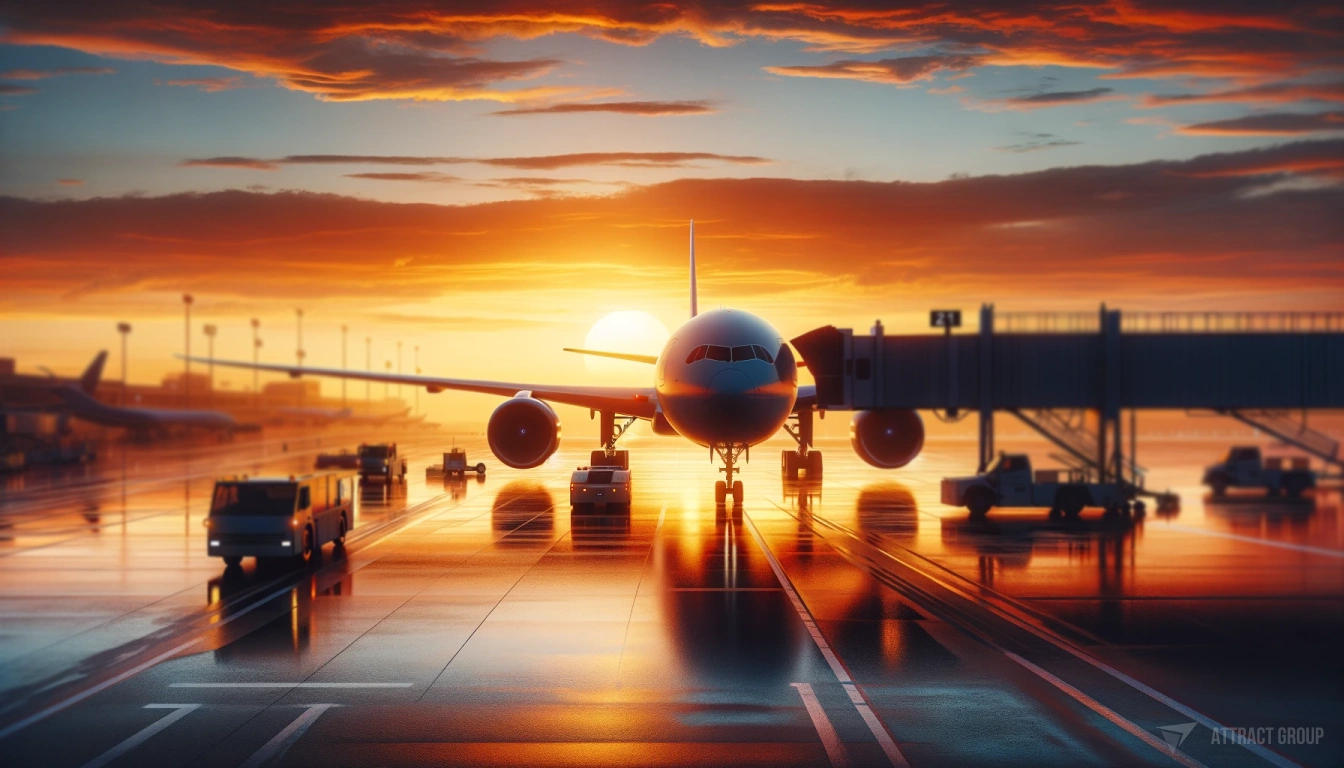The aviation sector. 
An airplane at an airport gate during the golden hours of sunrise or sunset. The sky is awash with warm oranges and yellows, casting a calming glow over the scene. 