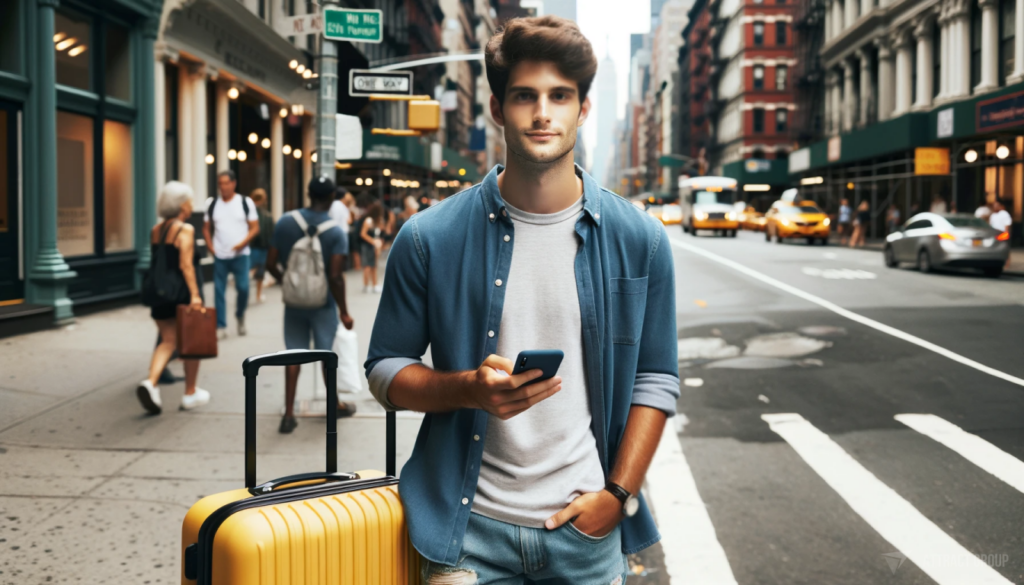Understanding Digital Ticketing Systems. 
A young man standing on a New York street. He is holding a smartphone in one hand and is beside a yellow plastic suitcase
