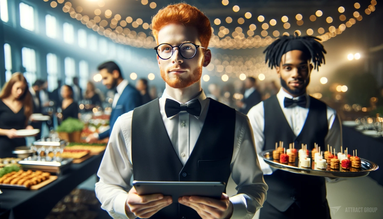 Understanding the Rise of Catering Management Software. A formal social event catering scene. In the foreground, a red-haired waiter with glasses in a smart black vest, white shirt, and black bow tie is holding a tablet. Next to him, a server with neatly black dreadlocks, in a similar uniform, is carrying a tray with assorted hors d'oeuvres. 