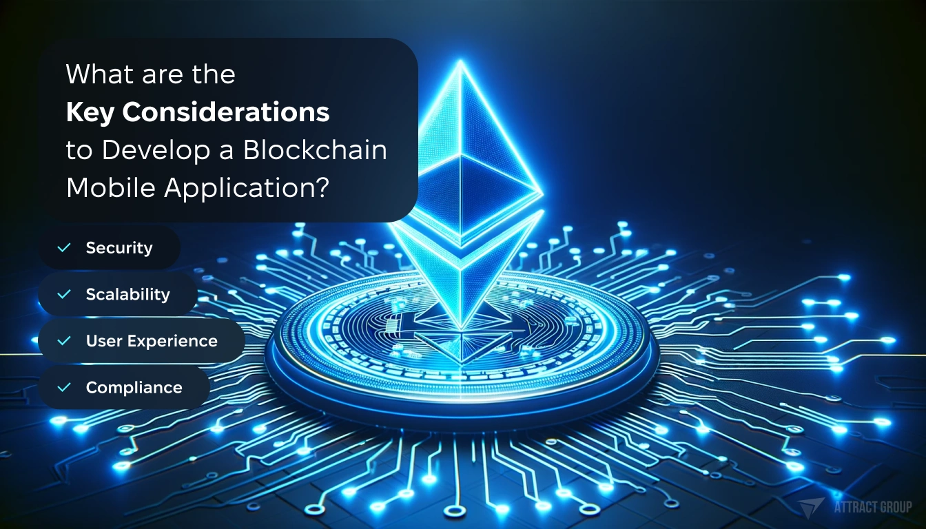 What are the Key Considerations to Develop a Blockchain Mobile Application? a three-dimensional, holographic Ethereum cryptocurrency symbol glowing in neon blue light. The symbol is floating above a circular platform with elaborate digital circuit patterns, also in neon blue.