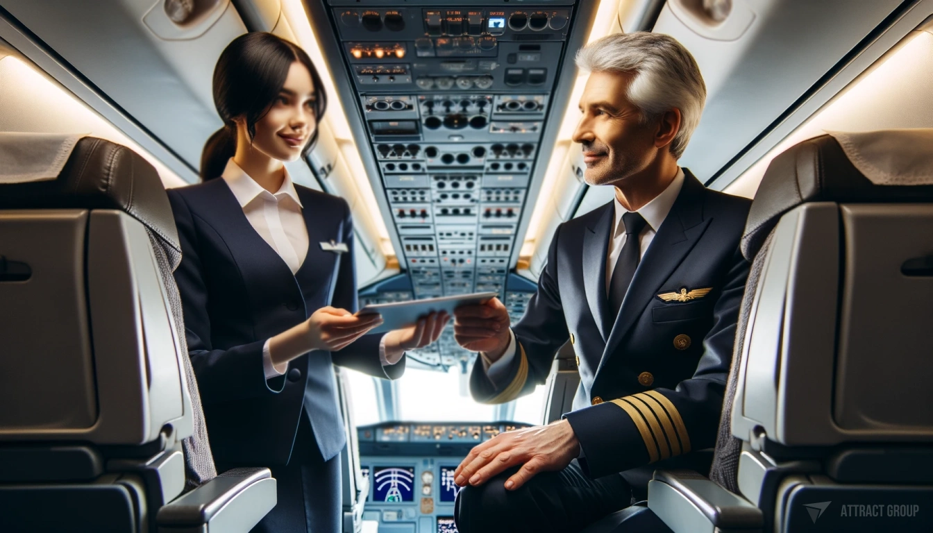 Your choice of an aviation software development partner is a strategic decision. A young female flight attendant with black hair is handing over a tablet to an older male pilot with gray hair. They are both in uniform. 