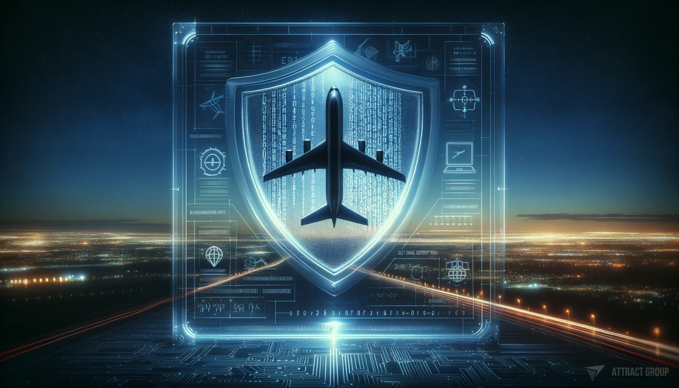 Aviation ERP security solution.
A transparent shield with digital code patterns and a stylized airplane silhouette against a night sky backdrop. The image represents aviation ERP security solutions, with the shield symbolizing protection and the code indicating data encryption. The airplane represents the aviation industry, and the night sky adds a sense of global operations. 