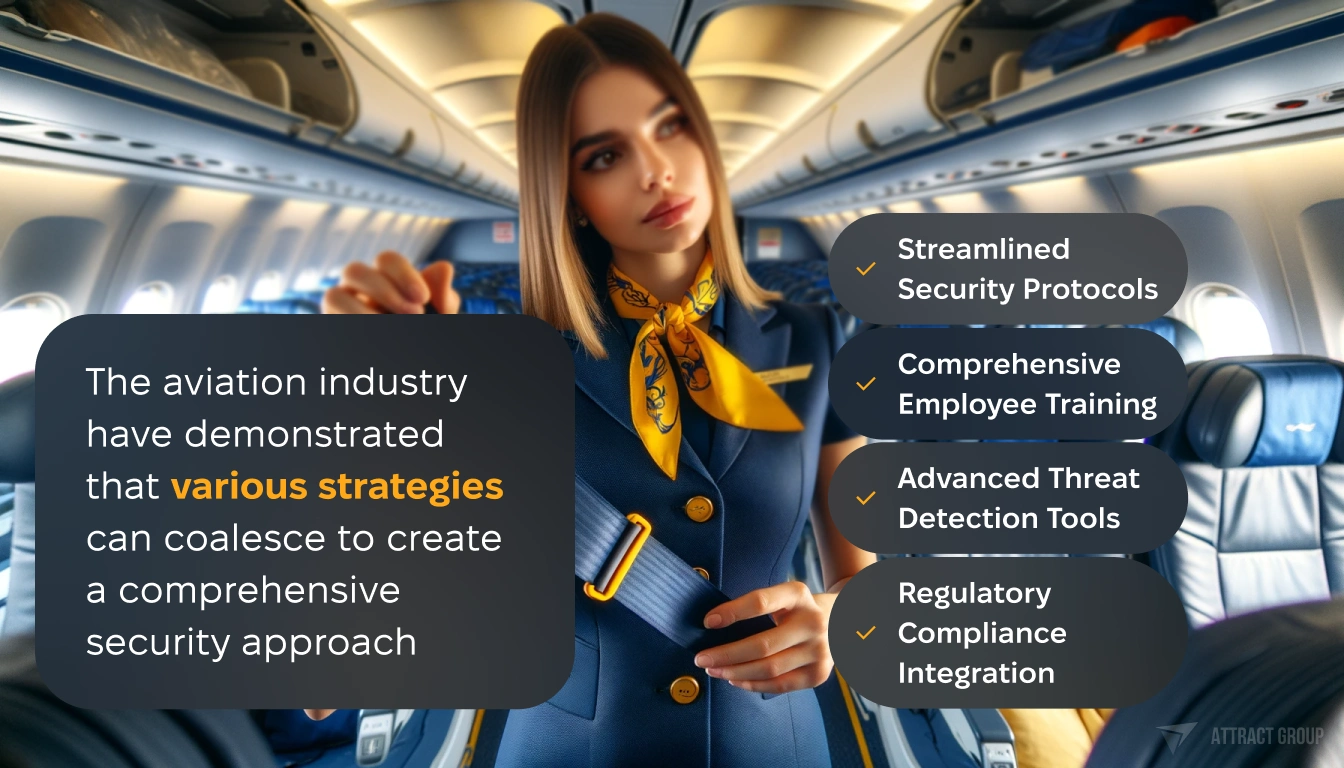 Various strategies in aviation industry. 
A flight attendant demonstrating the use of a seat belt to passengers aboard an aircraft. She is dressed in a blue uniform with a yellow collar and scarf, holding up the seat belt at eye level and looking at it attentively. The cabin interior has rows of empty blue seats, suggesting a pre-flight safety briefing.